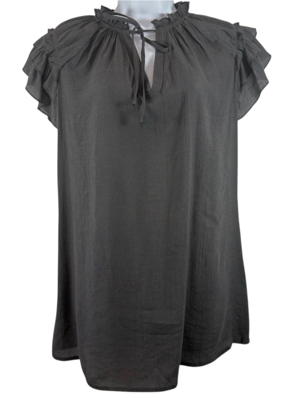 Gray Boho Ruffle Neck Tie Front Flutter Sleeve Tunic Blouse L